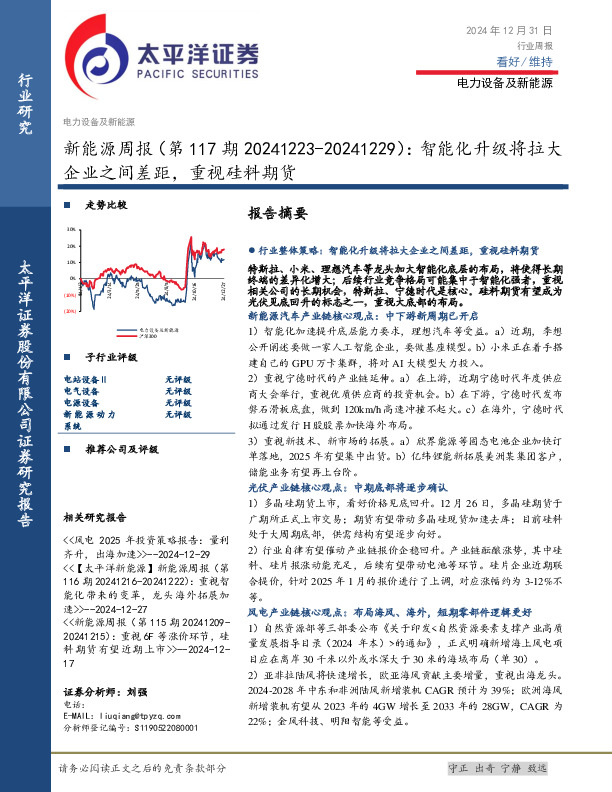 电力设备及新能源行业新能源周报（第117期20241223-20241229）：智能化升级将拉大企业之间差距，重视硅料期货