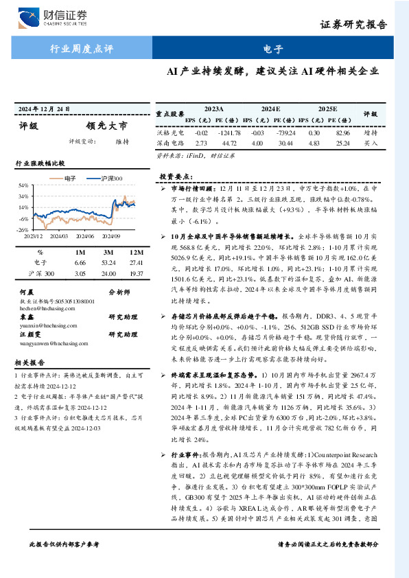 电子行业周度点评：AI产业持续发酵，建议关注AI硬件相关企业