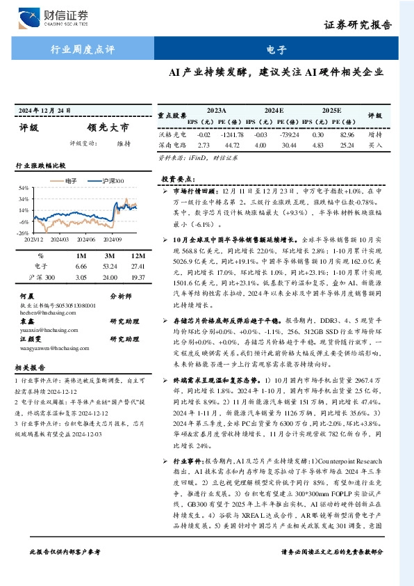 电子行业周度点评：AI产业持续发酵，建议关注AI硬件相关企业