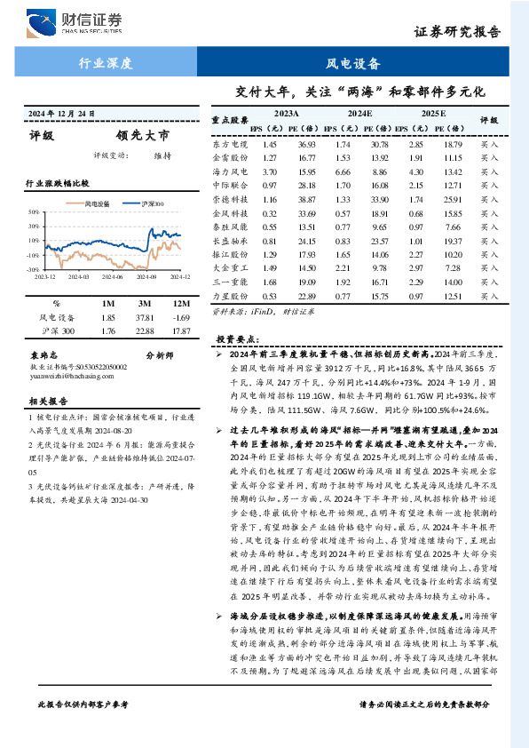 风电设备行业深度：交付大年，关注“两海”和零部件多元化