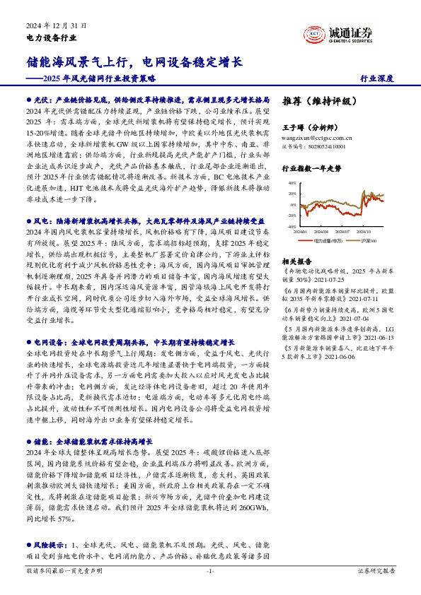 2025年风光储网行业投资策略：储能海风景气上行，电网设备稳定增长