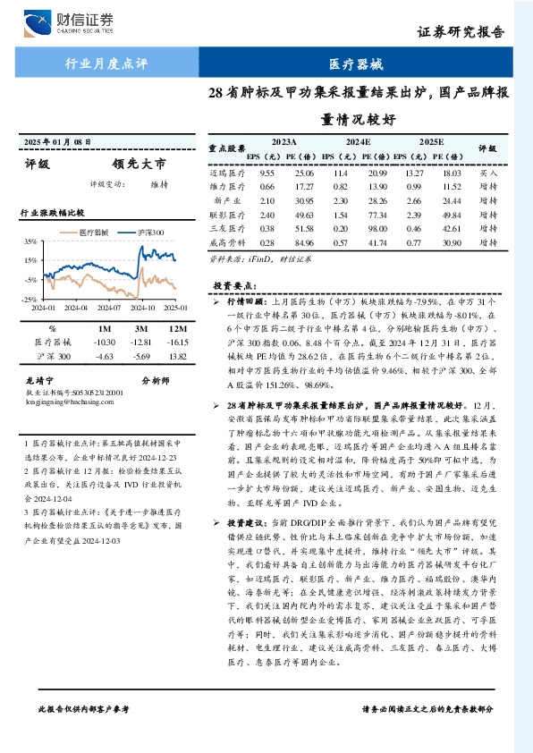 医疗器械行业月度点评：28省肿标及甲功集采报量结果出炉，国产品牌报量情况较好