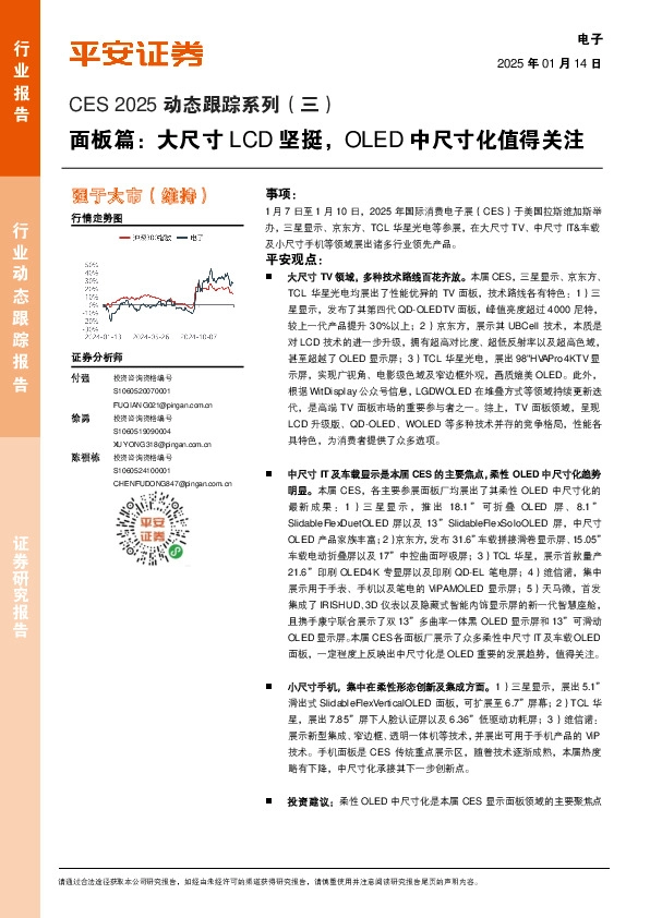电子：CES 2025动态跟踪系列（三）-面板篇：大尺寸LCD坚挺，OLED中尺寸化值得关注