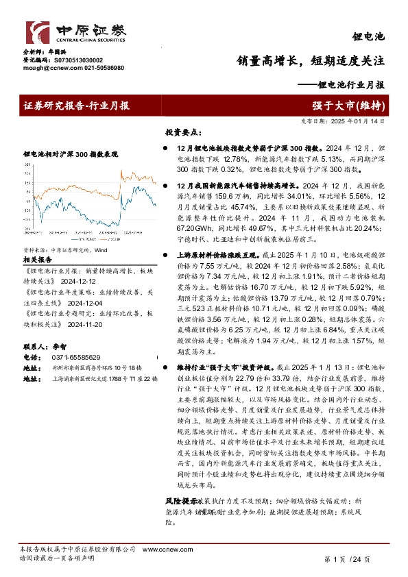 锂电池行业月报：销量高增长，短期适度关注