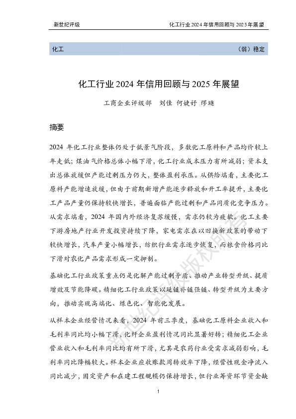 化工行业2024年信用回顾与2025年展望