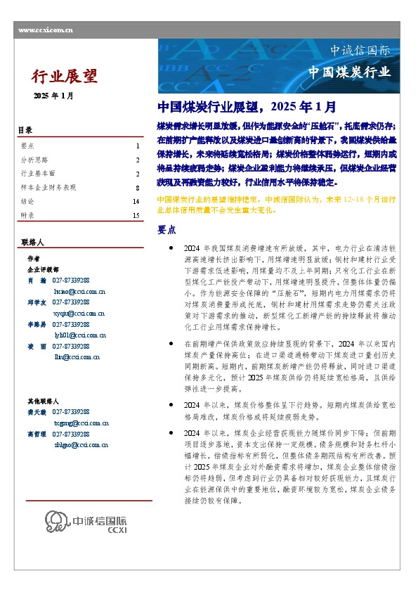 中国煤炭行业展望，2025年1月