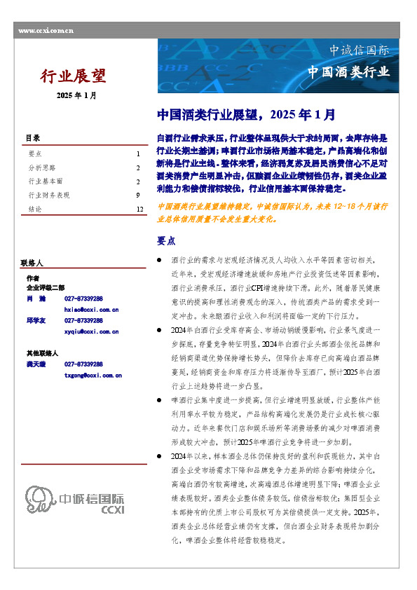 中国酒类行业展望，2025年1月