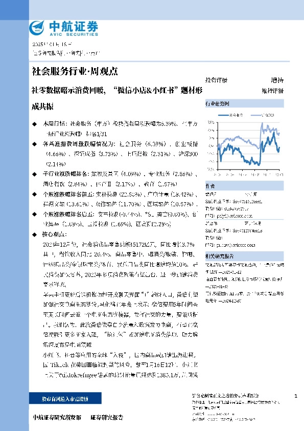 社会服务行业·周观点：社零数据昭示消费回暖，“微信小店&小红书”题材形成共振