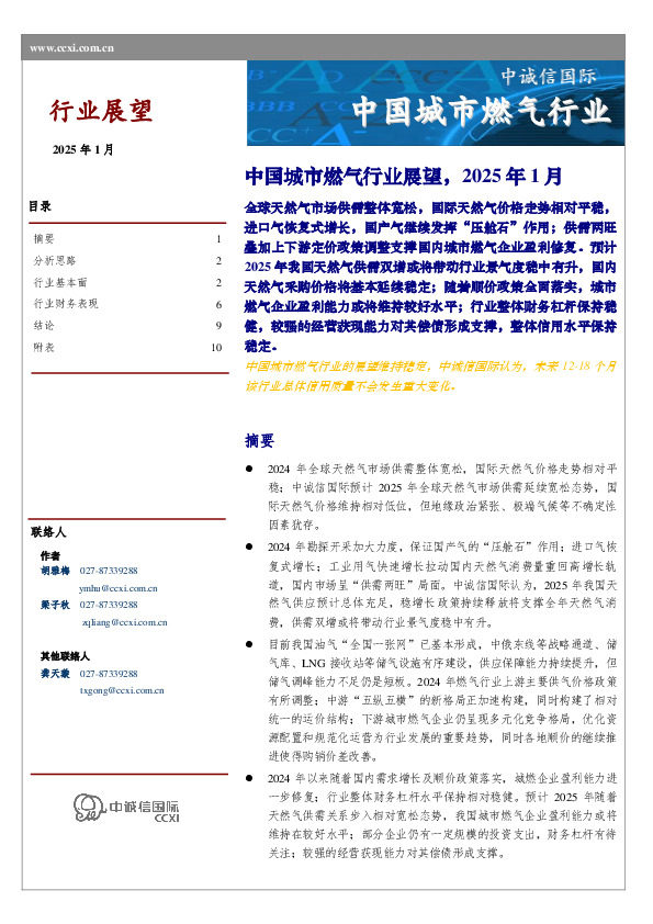 中国城市燃气行业展望，2025年1月