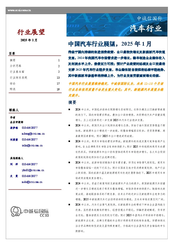 中国汽车行业展望，2025年1月