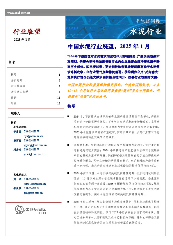 中国水泥行业展望，2025年1月