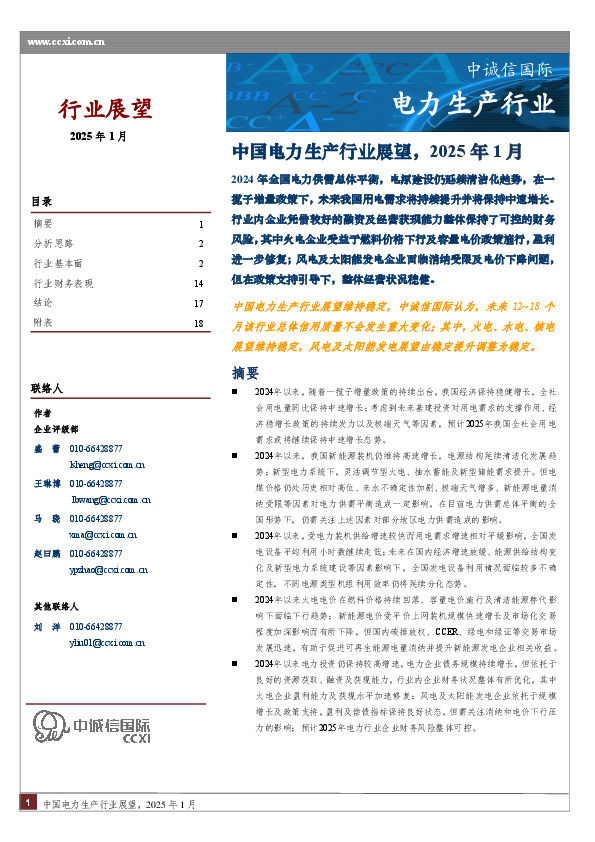 中国电力生产行业展望，2025年1月