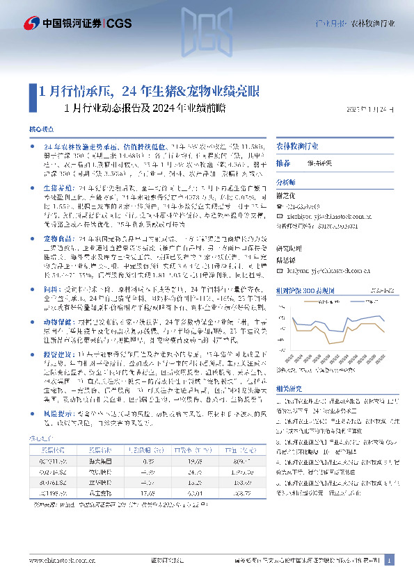 农林牧渔行业1月行业动态报告及2024年业绩前瞻：1月行情承压，24年生猪&宠物业绩亮眼