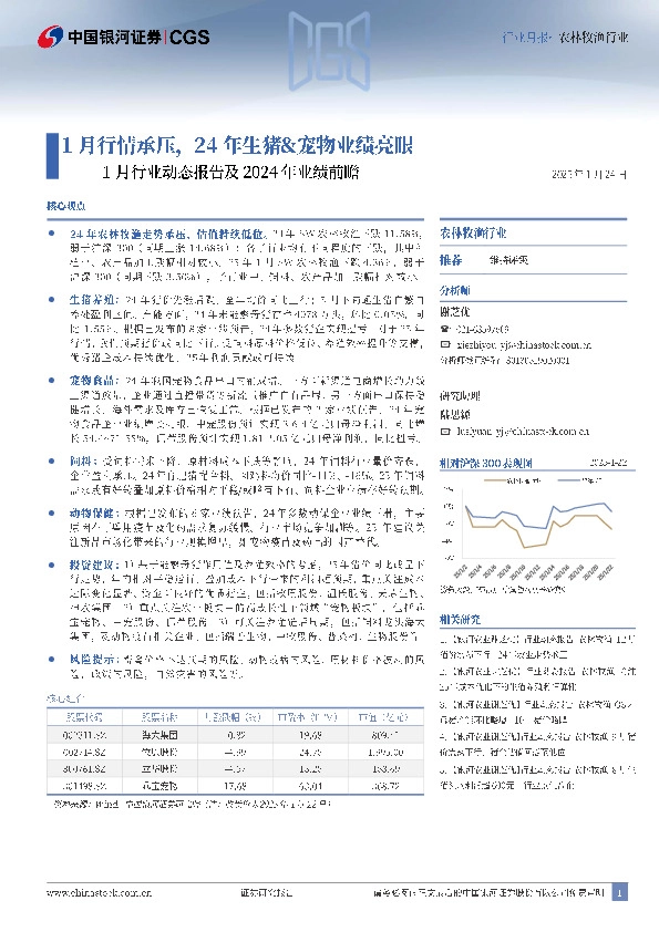 农林牧渔行业1月行业动态报告及2024年业绩前瞻：1月行情承压，24年生猪&宠物业绩亮眼