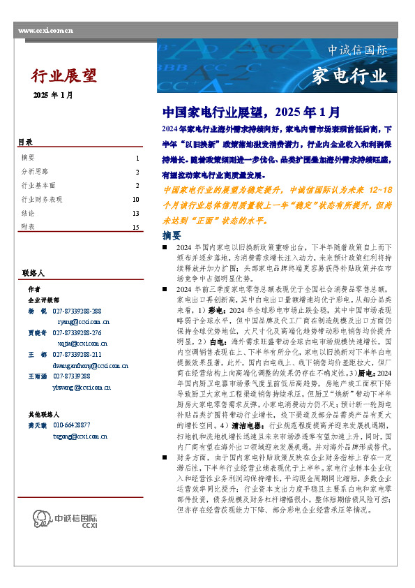 中国家电行业展望，2025年1月