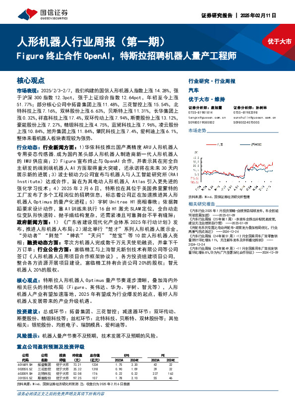 人形机器人行业周报（第一期）：Figure终止合作OpenAI，特斯拉招聘机器人量产工程师