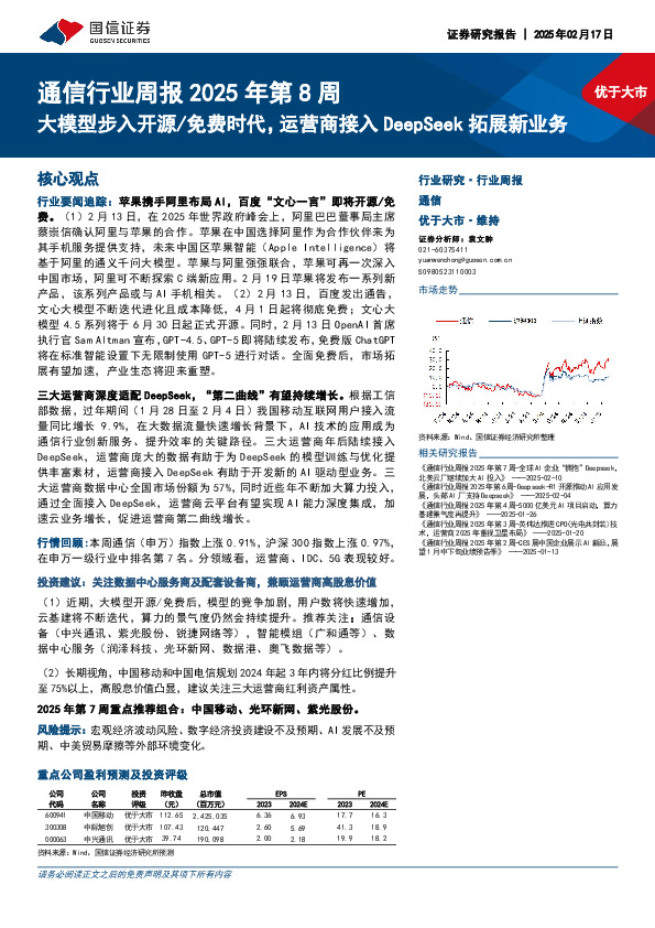 通信行业周报2025年第8周：大模型步入开源/免费时代，运营商接入DeepSeek拓展新业务