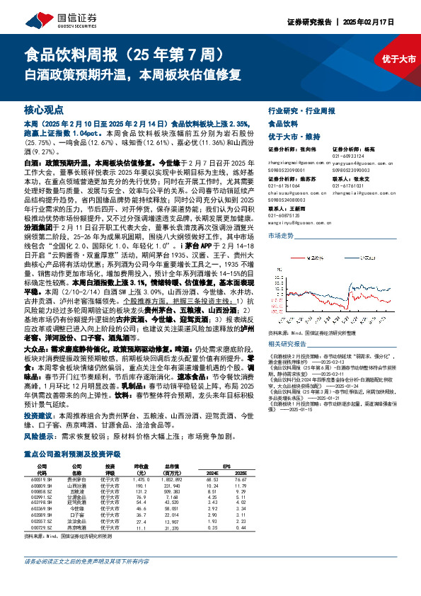 食品饮料行业周报（25年第7周）：白酒政策预期升温，本周板块估值修复