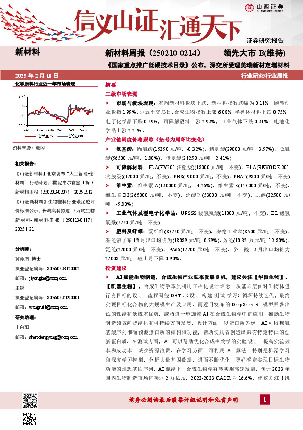 新材料行业周报：新材料周报（250210-0214）《国家重点推广低碳技术目录》公布，深交所受理美瑞新材定增材料