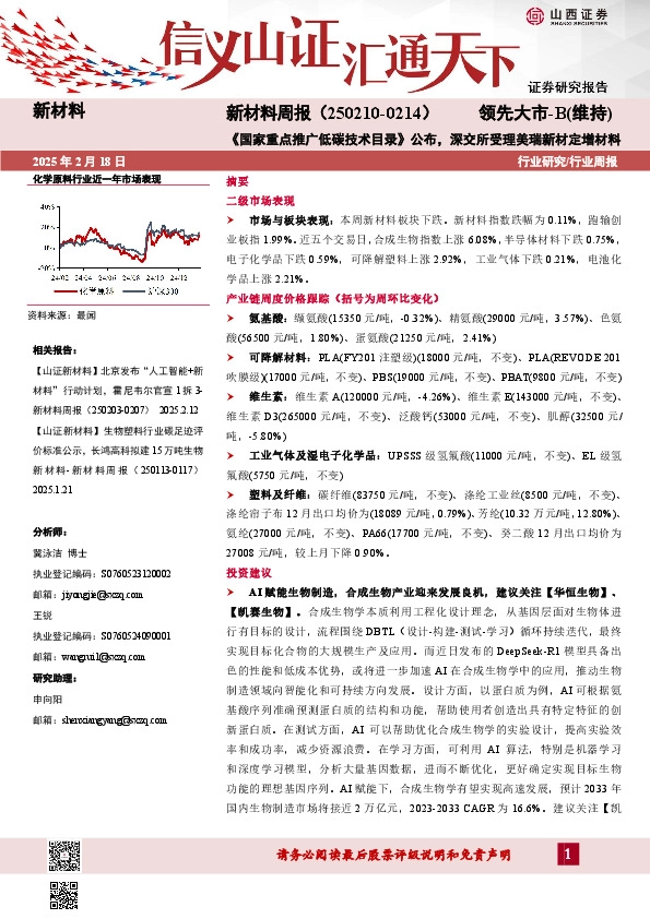 新材料行业周报：新材料周报（250210-0214）《国家重点推广低碳技术目录》公布，深交所受理美瑞新材定增材料