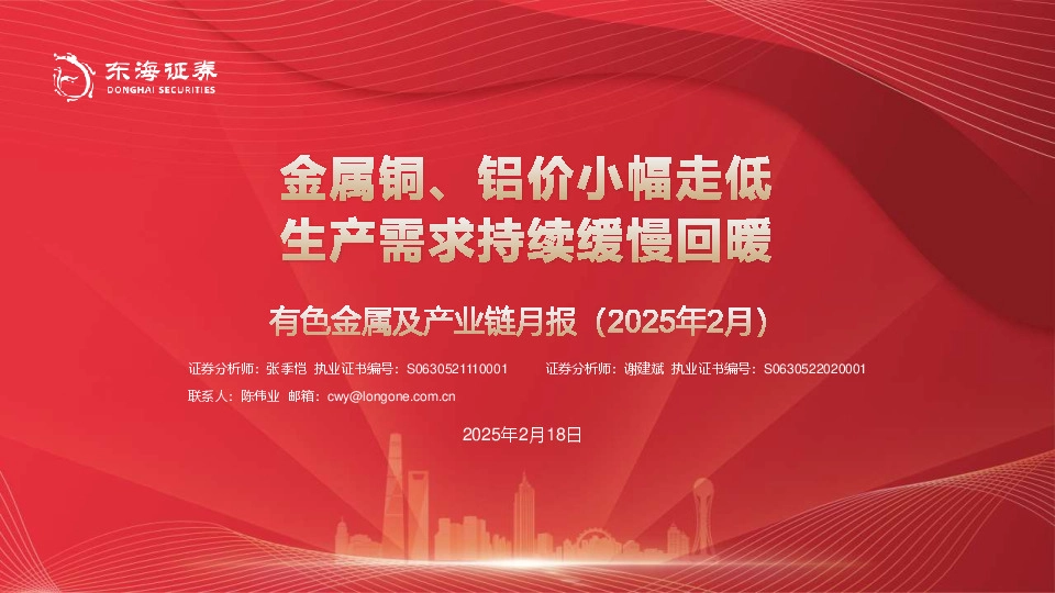 有色金属及产业链月报（2025年2月）：金属铜、铝价小幅走低 生产需求持续缓慢回暖