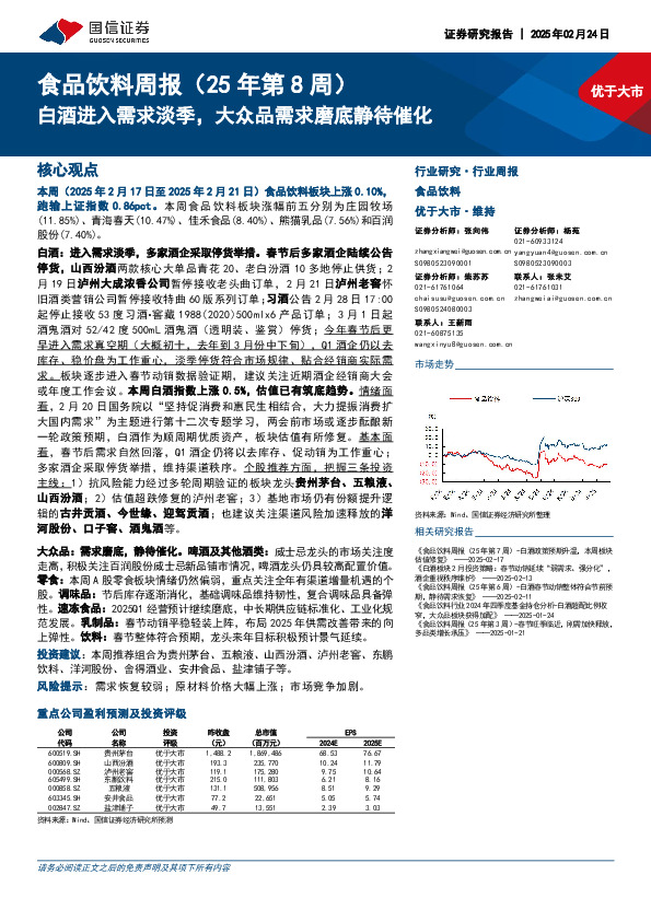 食品饮料行业周报（25年第8周）：白酒进入需求淡季，大众品需求磨底静待催化