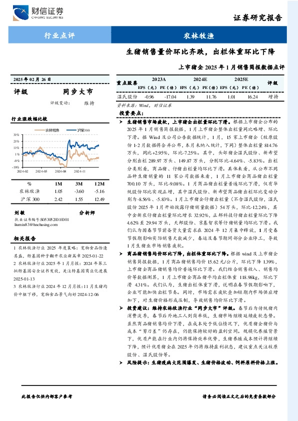 上市猪企2025年1月销售简报数据点评：生猪销售量价环比齐跌，出栏体重环比下降