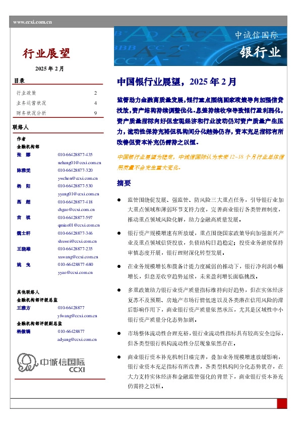 中国银行业展望，2025年2月