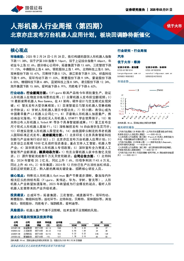 人形机器人行业周报（第四期）：北京亦庄发布万台机器人应用计划，板块回调静待新催化