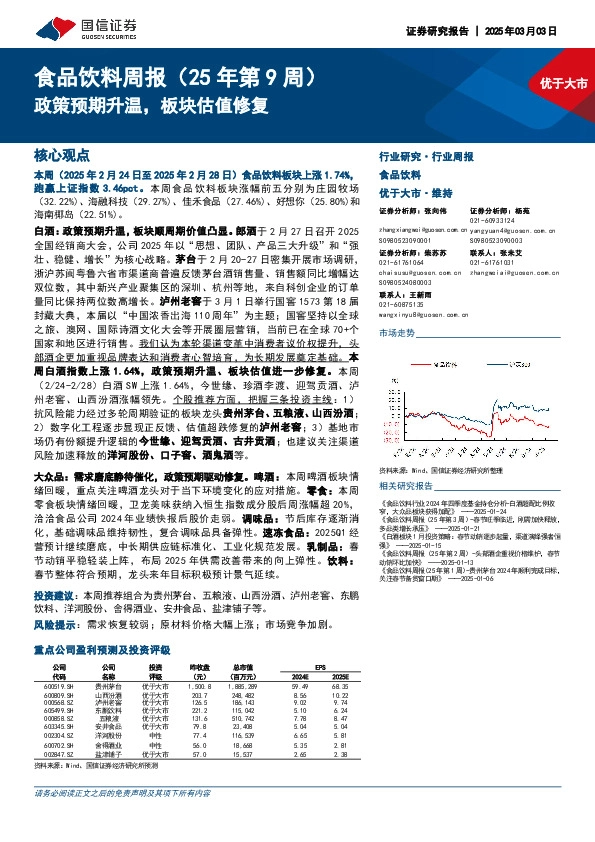 食品饮料行业周报（25年第9周）：政策预期升温，板块估值修复