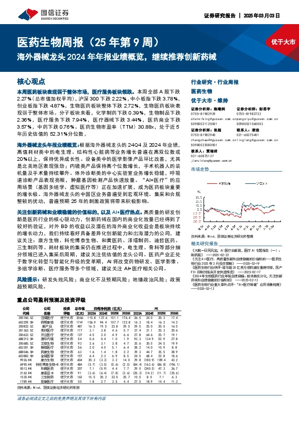 医药生物行业周报（25年第9周）：海外器械龙头2024年年报业绩概览，继续推荐创新药械