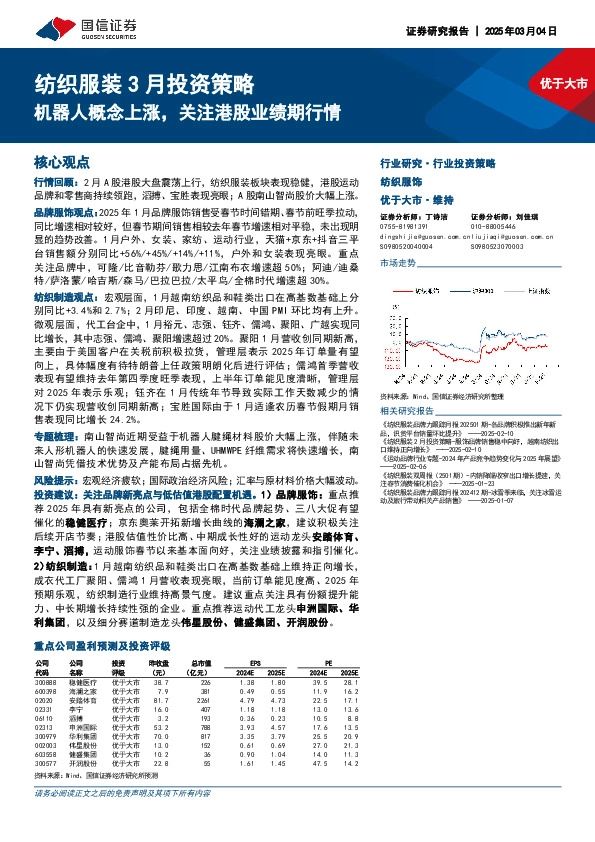 纺织服装3月投资策略：机器人概念上涨，关注港股业绩期行情