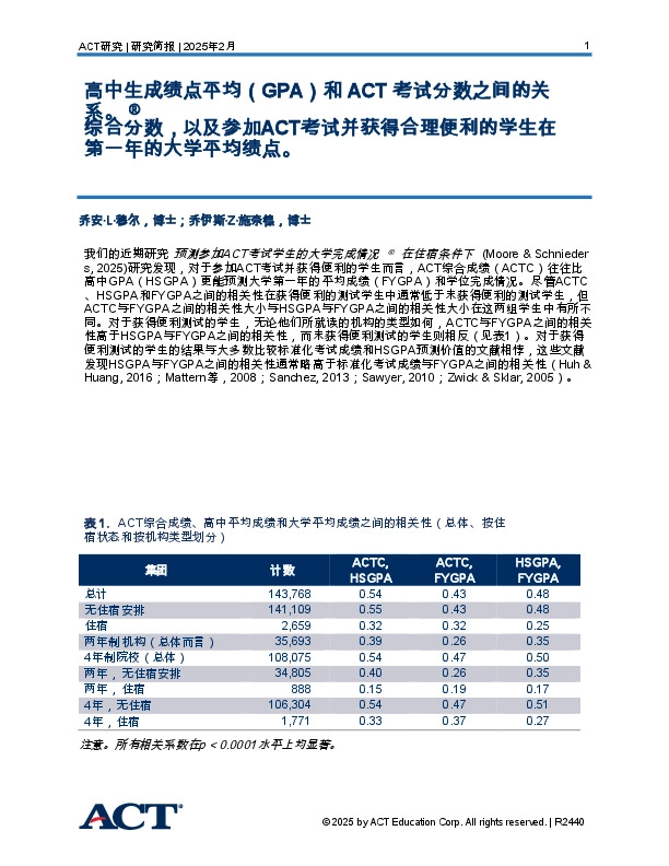 高中生成绩点平均(GPA)和ACT考试分数之间的关系。综合分数,以及参加ACT考试并获得合理便利的学生在第一年的大学平均绩点。