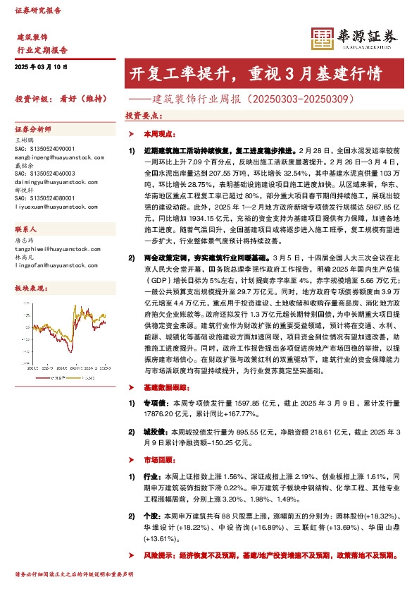 建筑装饰行业周报：开复工率提升，重视3月基建行情