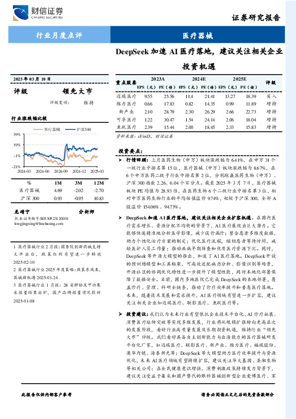医疗器械行业月度点评：DeepSeek加速AI医疗落地，建议关注相关企业投资机遇