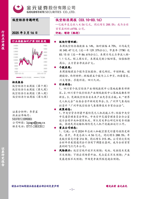 低空经济周报：亿航年度总收入4.56亿元，同比增长288.5%；成为全球首家盈利的eVTOL公司。