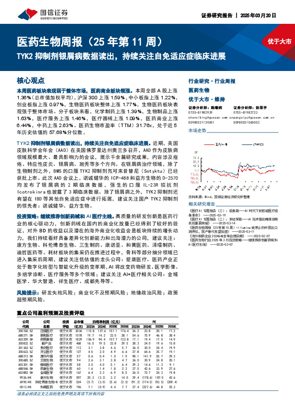 医药生物行业周报（25年第11周）：TYK2抑制剂银屑病数据读出，持续关注自免适应症临床进展