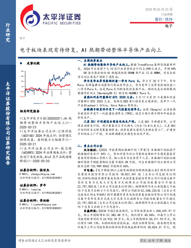 电子行业周报：电子板块表现有待修复，AI热潮带动整体半导体产业向上
