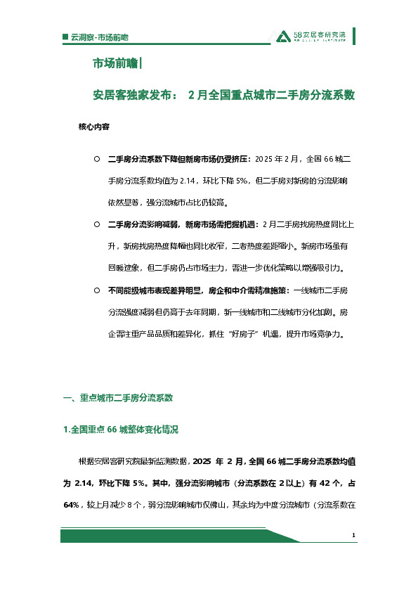 安居客独家发布：2月全国重点城市二手房分流系数