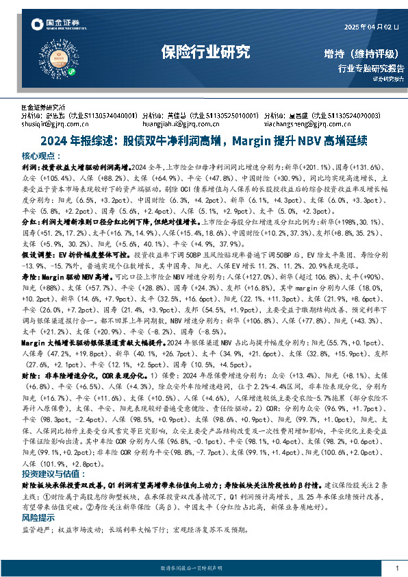 保险行业研究：2024年报综述：股债双牛净利润高增，Margin提升NBV高增延续