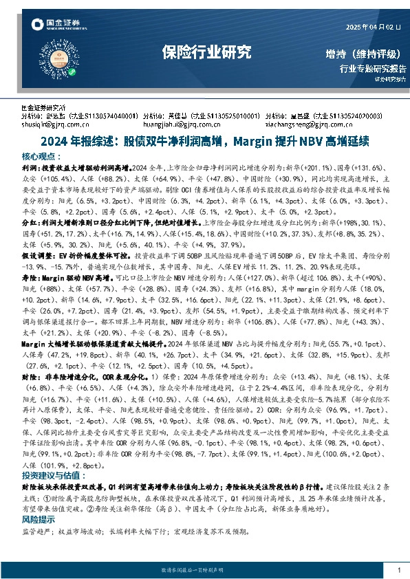 保险行业研究：2024年报综述：股债双牛净利润高增，Margin提升NBV高增延续