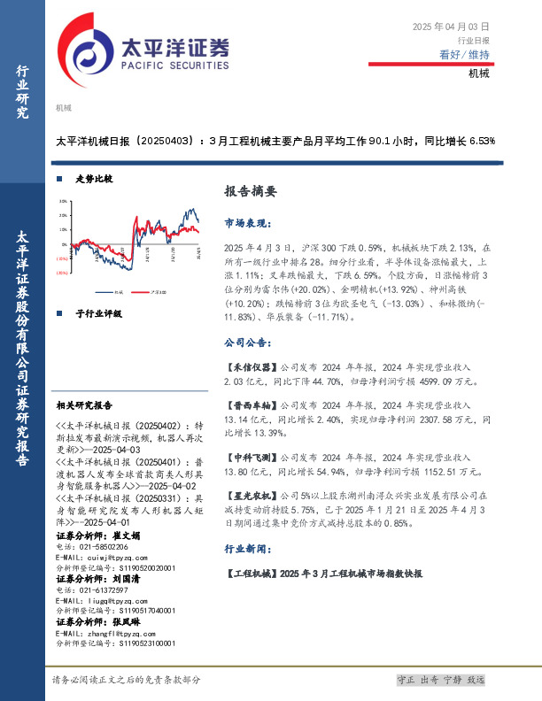 机械日报：3月工程机械主要产品月平均工作90.1小时，同比增长6.53%