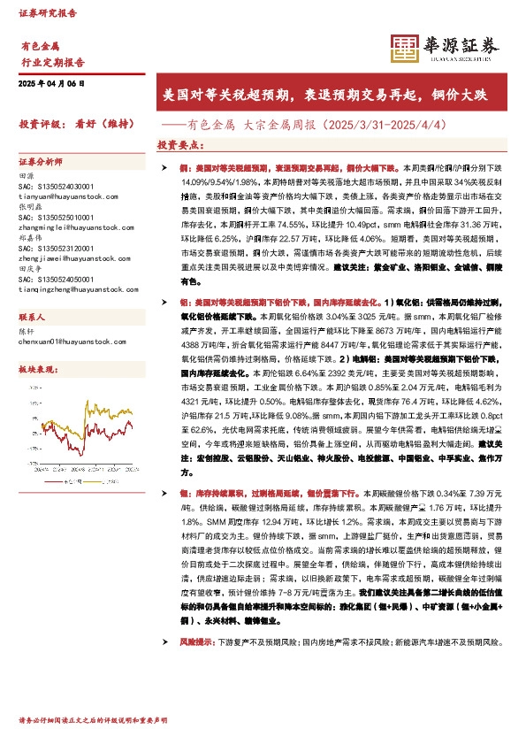 有色金属大宗金属周报：美国对等关税超预期，衰退预期交易再起，铜价大跌