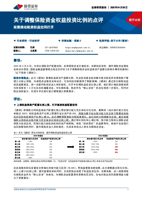 关于调整保险资金权益投资比例的点评：政策推动险资权益空间打开
