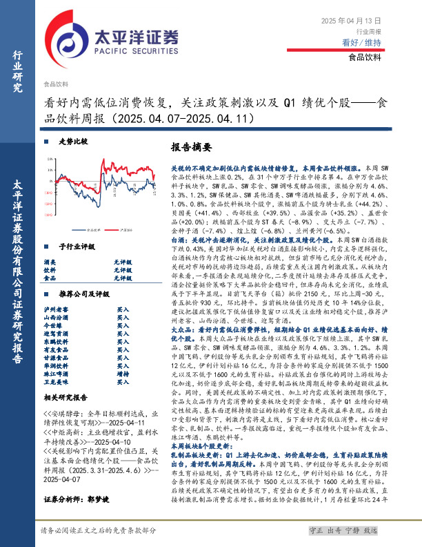 食品饮料行业周报：看好内需低位消费恢复，关注政策刺激以及Q1绩优个股