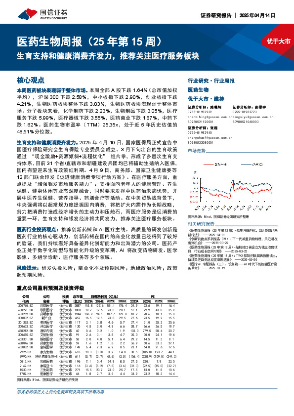 医药生物行业周报（25年第15周）：生育支持和健康消费齐发力，推荐关注医疗服务板块