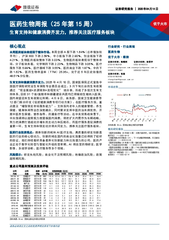医药生物行业周报（25年第15周）：生育支持和健康消费齐发力，推荐关注医疗服务板块