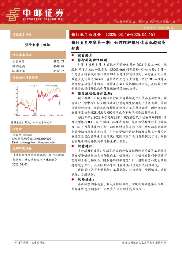 银行业行业报告：银行资负观察第一期：如何理解银行体系低超储高融出