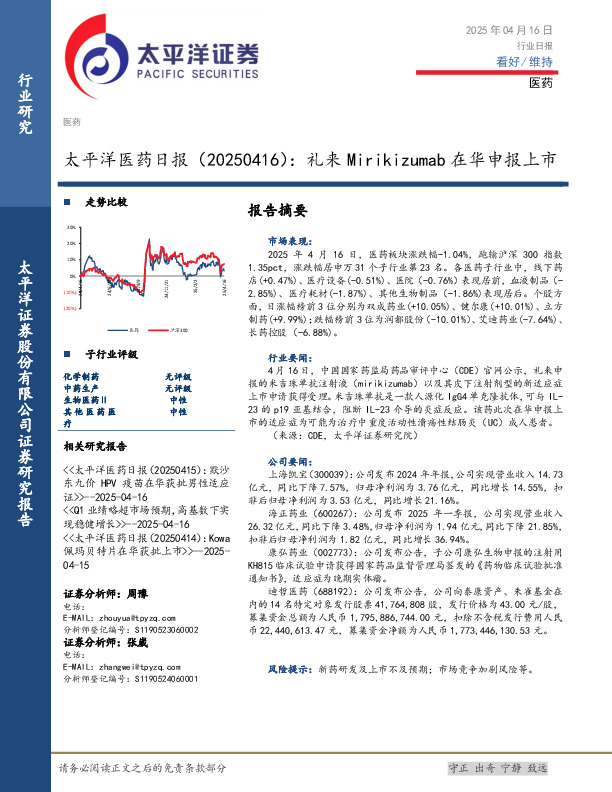 医药日报：礼来Mirikizumab在华申报上市