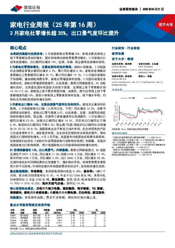 家电行业周报（25年第16周）：3月家电社零增长超35%，出口景气度环比提升